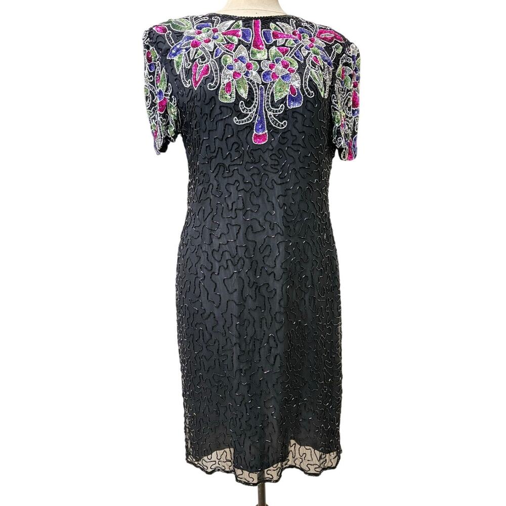 Vintage Black Sequin Beaded Cocktail Dress Floral Short Sleeve 80s/90s Glam Lg